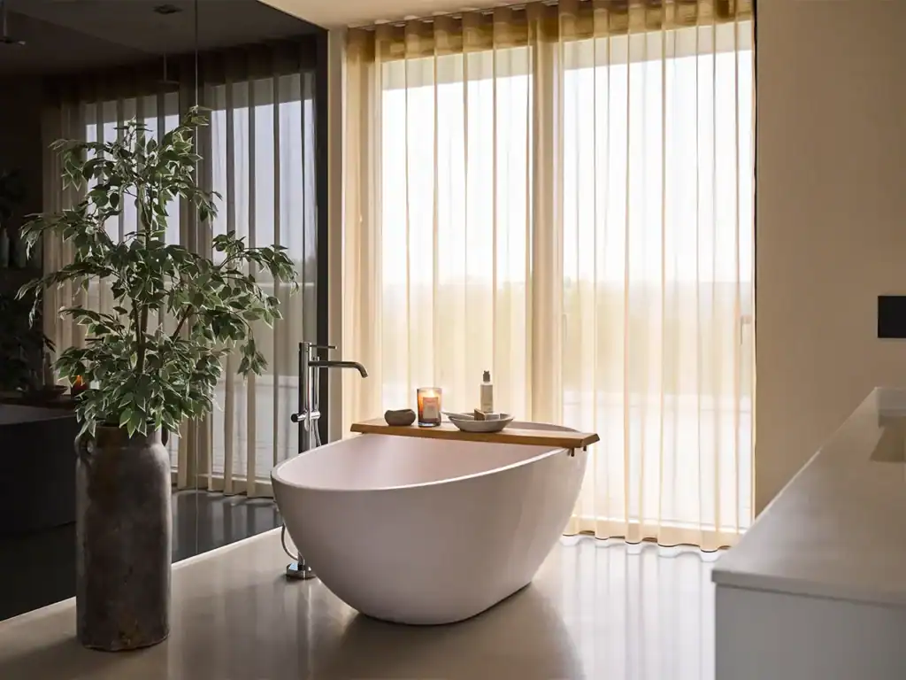 Lange stofgardiner i genanvendt polyester på badeværelse